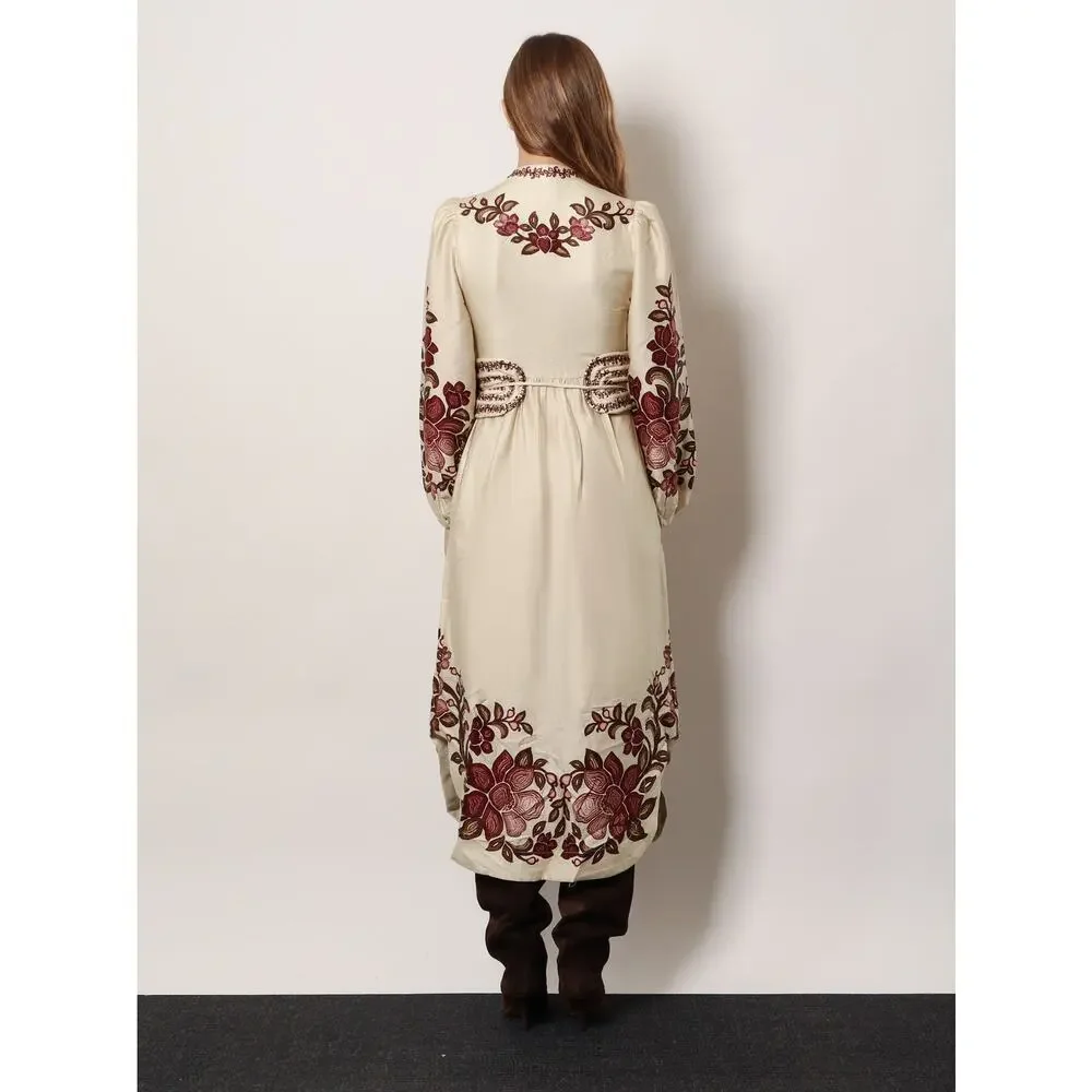NEW Farm Rio Renata Floral Sand Midi Dress Lyocell Button Front Embroidered MED - Picture 3 of 16